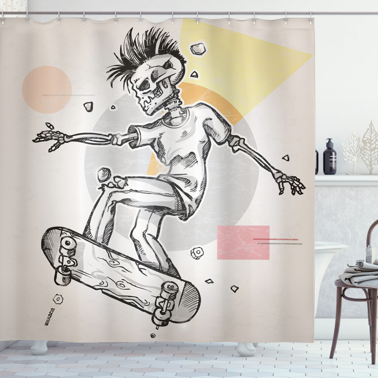 Skateboarding Skeleton Boy Print Shower Curtain for a Spooky Vibe in Your Bathroom