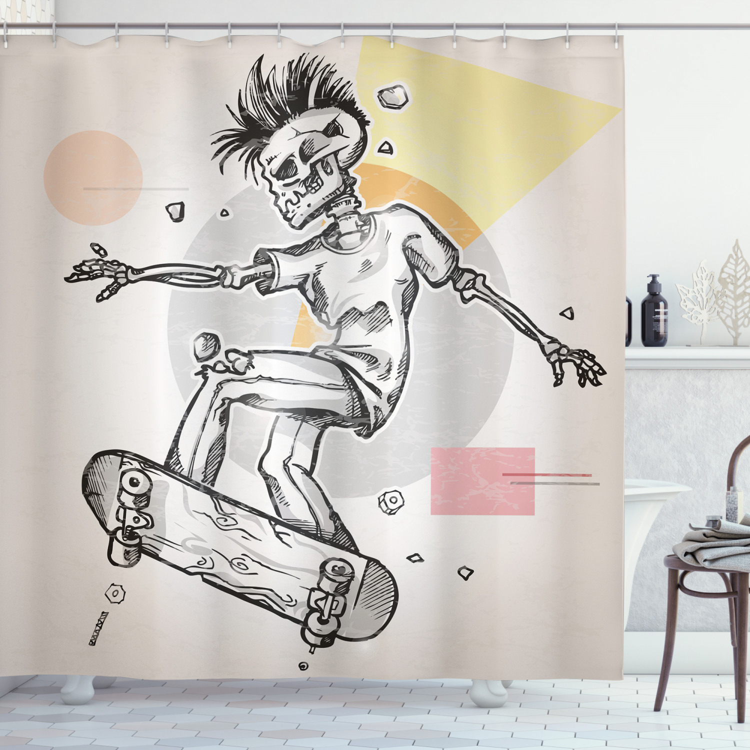 Skateboarding Skeleton Boy Print Shower Curtain for a Spooky Vibe in Your Bathroom