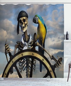 Skeleton Corsair Captain On Steering Wheel Macaw Parrot Bandit Cloudy Sky Pirate Shower Curtain For Bathroom Decor