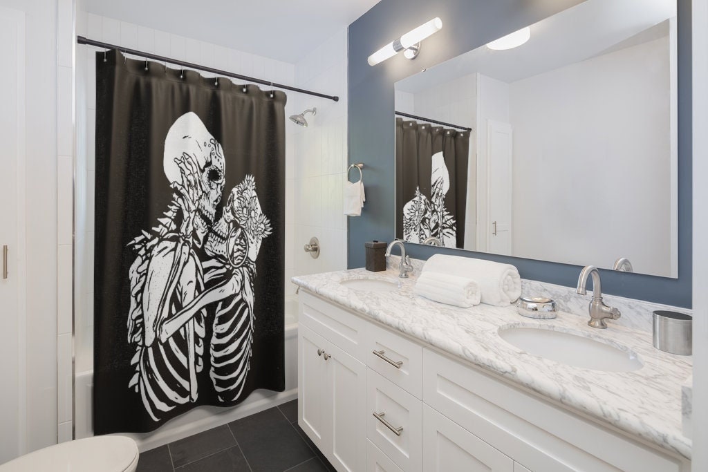 Skeleton Lovers Shower Curtain With Gothic And Tarot Room Decor Print