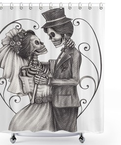 Skeleton Marriage Eternal Love Theme Shower Curtain With Spanish Art, Custom Bathroom Decor