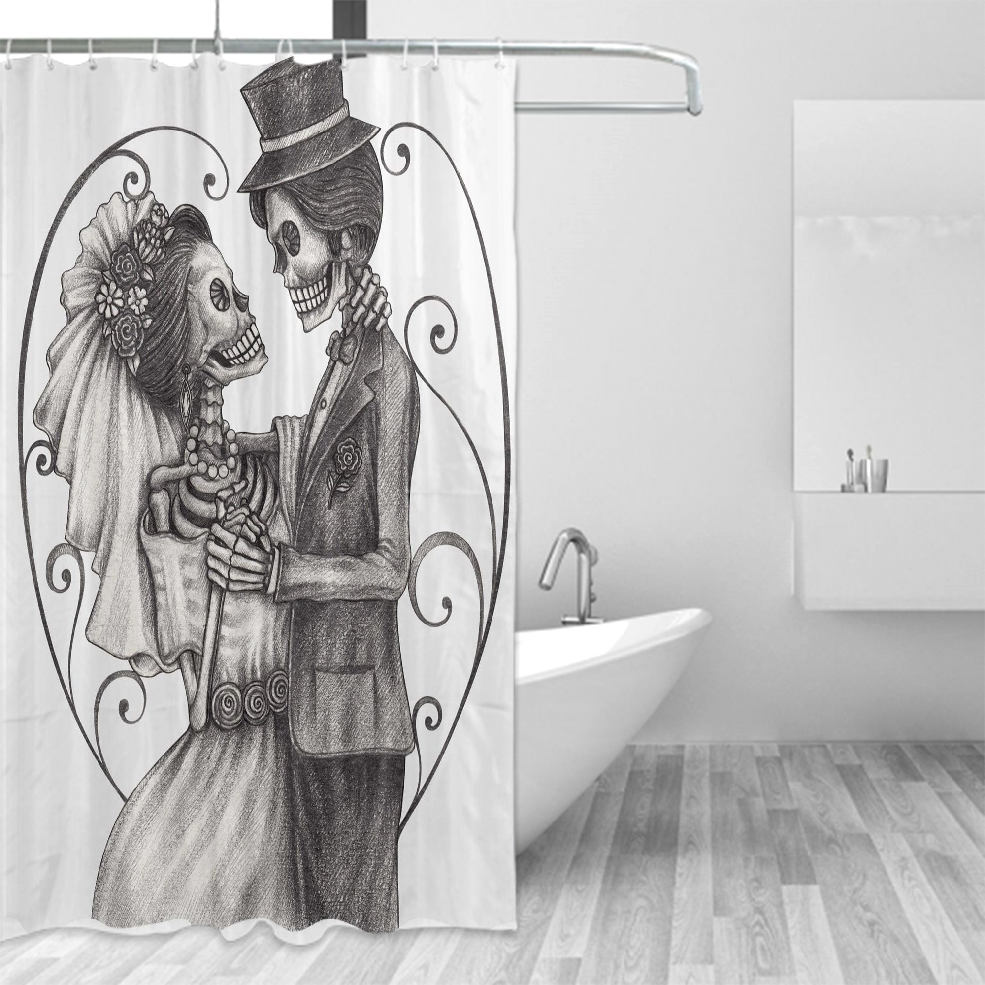 Skeleton Marriage Eternal Love Theme Shower Curtain With Spanish Art, Custom Bathroom Decor - Image 2