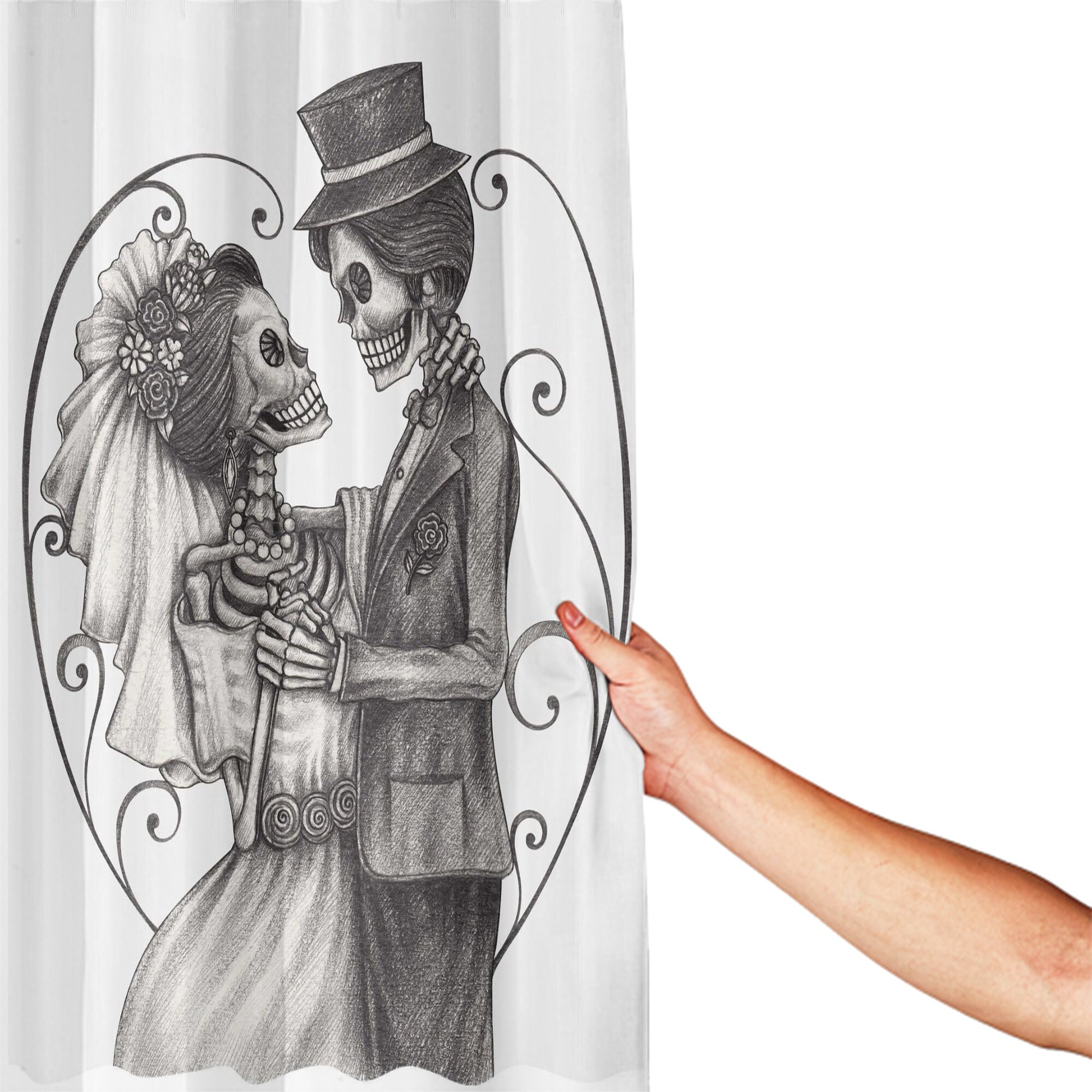 Skeleton Marriage Eternal Love Theme Shower Curtain With Spanish Art, Custom Bathroom Decor - Image 3