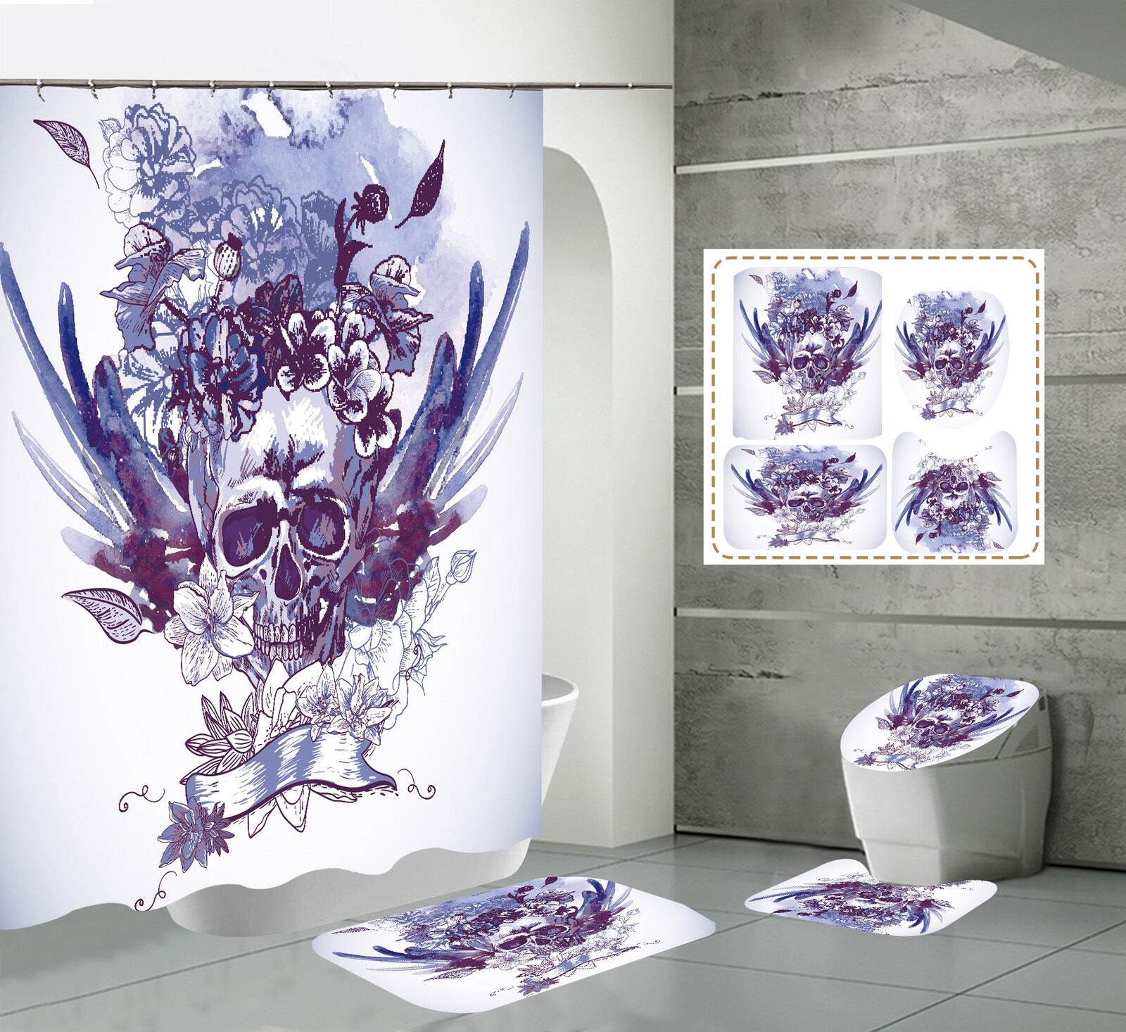 Skeleton Skull Flowers Fabric Shower Curtain, Durable and Washable Gothic Bathroom Decor