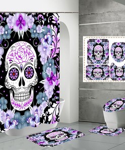 Skeleton Skull Flowers Fabric Shower Curtain, Halloween Gothic Bathroom Decor