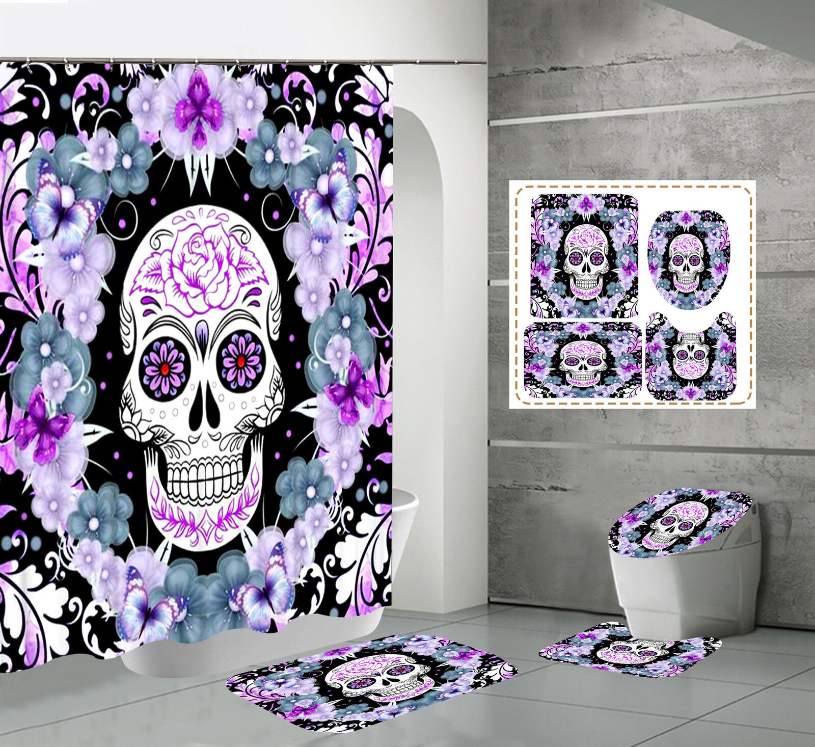 Skeleton Skull Flowers Fabric Shower Curtain, Halloween Gothic Bathroom Decor