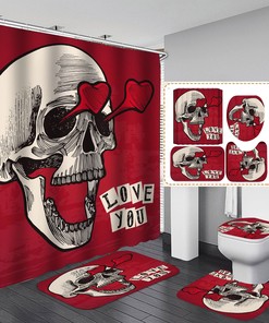 Skeleton Skull Heart Print Shower Curtain, Gothic Bathroom Decor, New Arrival