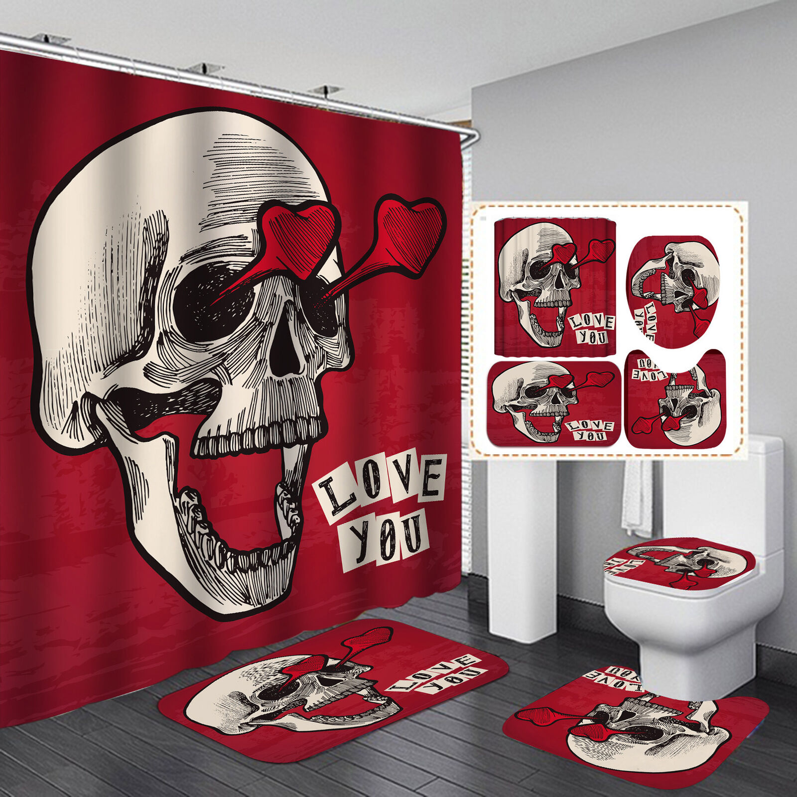 Skeleton Skull Heart Print Shower Curtain, Gothic Bathroom Decor, New Arrival