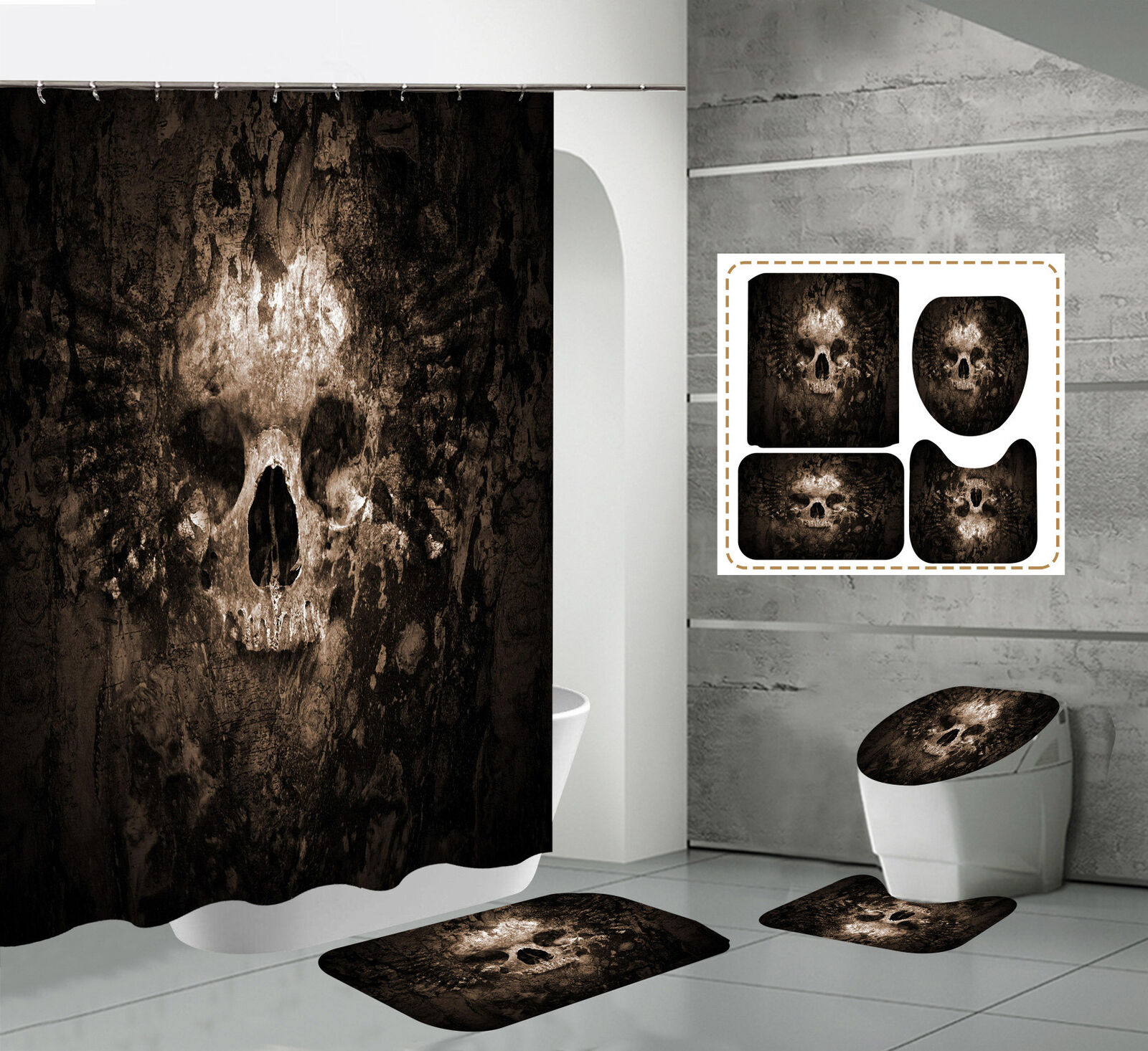 Skeleton Skull Print Shower CurtainGothic Wood Bathroom Decor for Women & Men