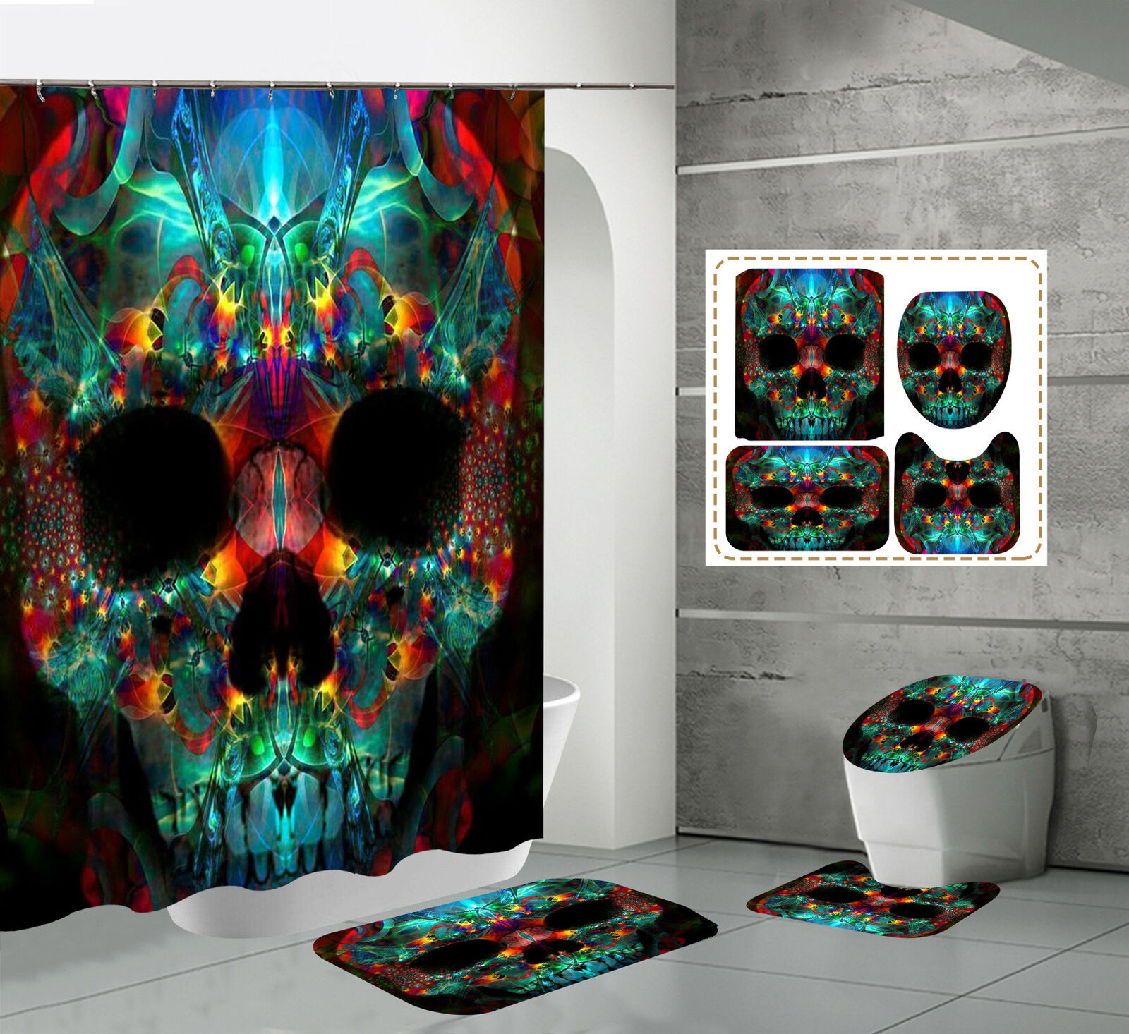Skeleton Skull Rainbow Print Shower Curtain, Halloween Gothic Bathroom Decor