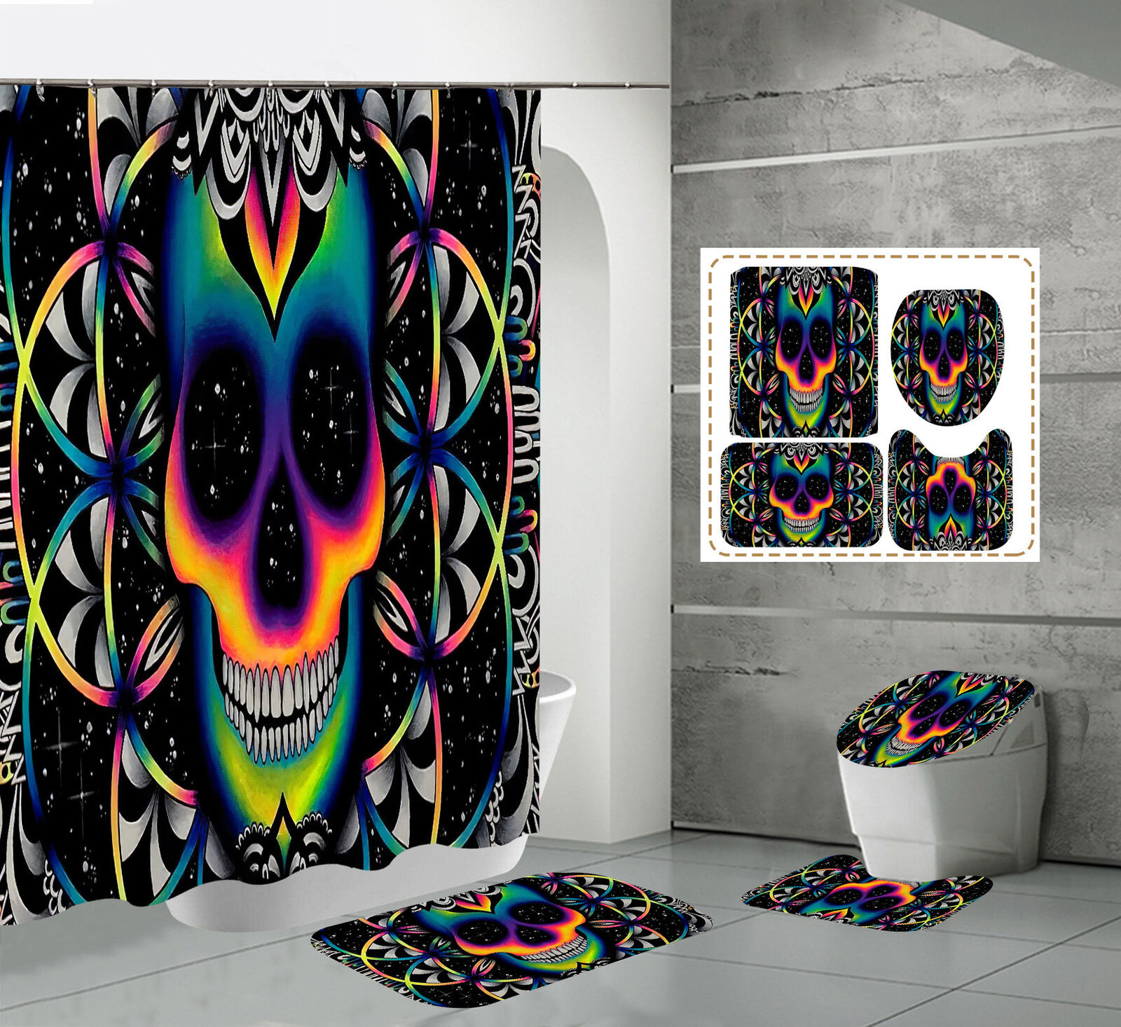 Skeleton Skull Starlight Shower Curtain, Gothic Bathroom Decor, New Arrival