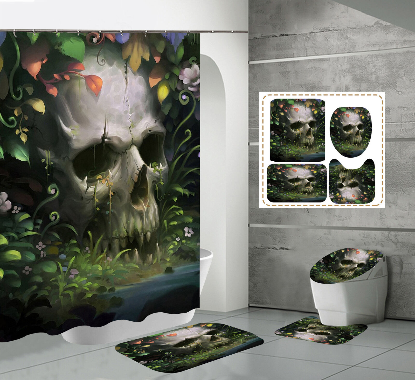 Skeleton Skull Vines Fabric Shower Curtain, Durable and Washable Halloween Gothic Bathroom Decor