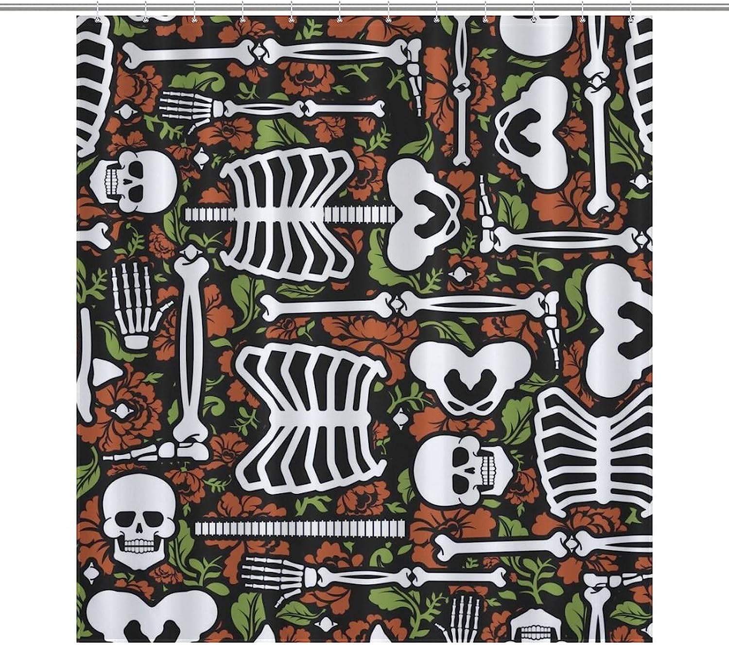 Skeleton Skull and Roses Fabric Shower Curtain, Durable and Washable Bathroom Decor