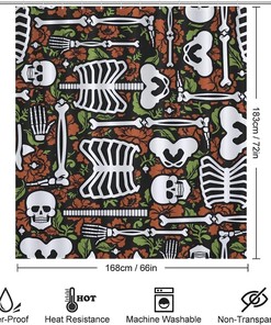 Skeleton Skull and Roses Fabric Shower Curtain, Durable and Washable Bathroom Decor