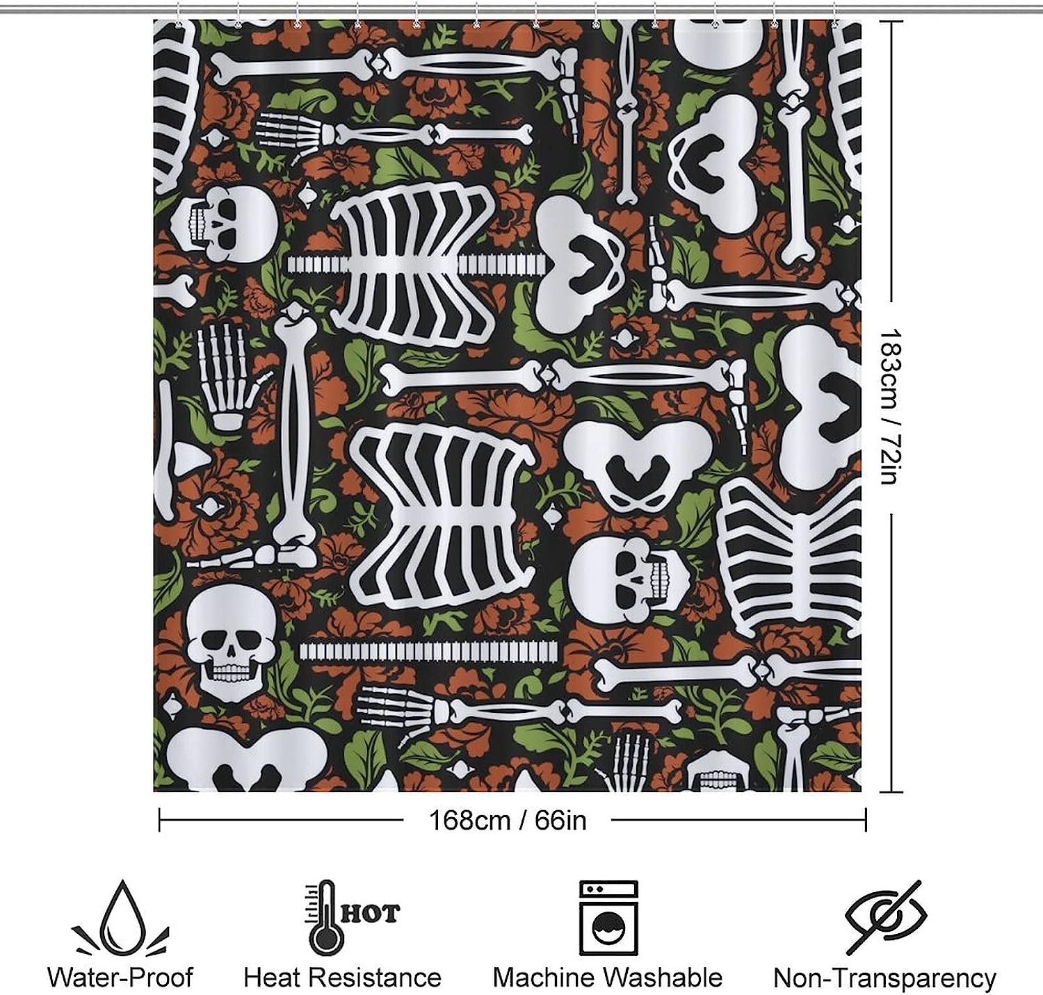 Skeleton Skull and Roses Fabric Shower Curtain, Durable and Washable Bathroom Decor
