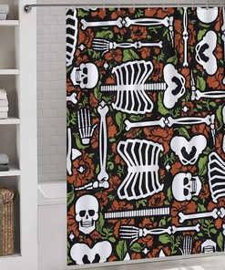 Skeleton Skull and Roses Fabric Shower Curtain, Durable and Washable Bathroom Decor