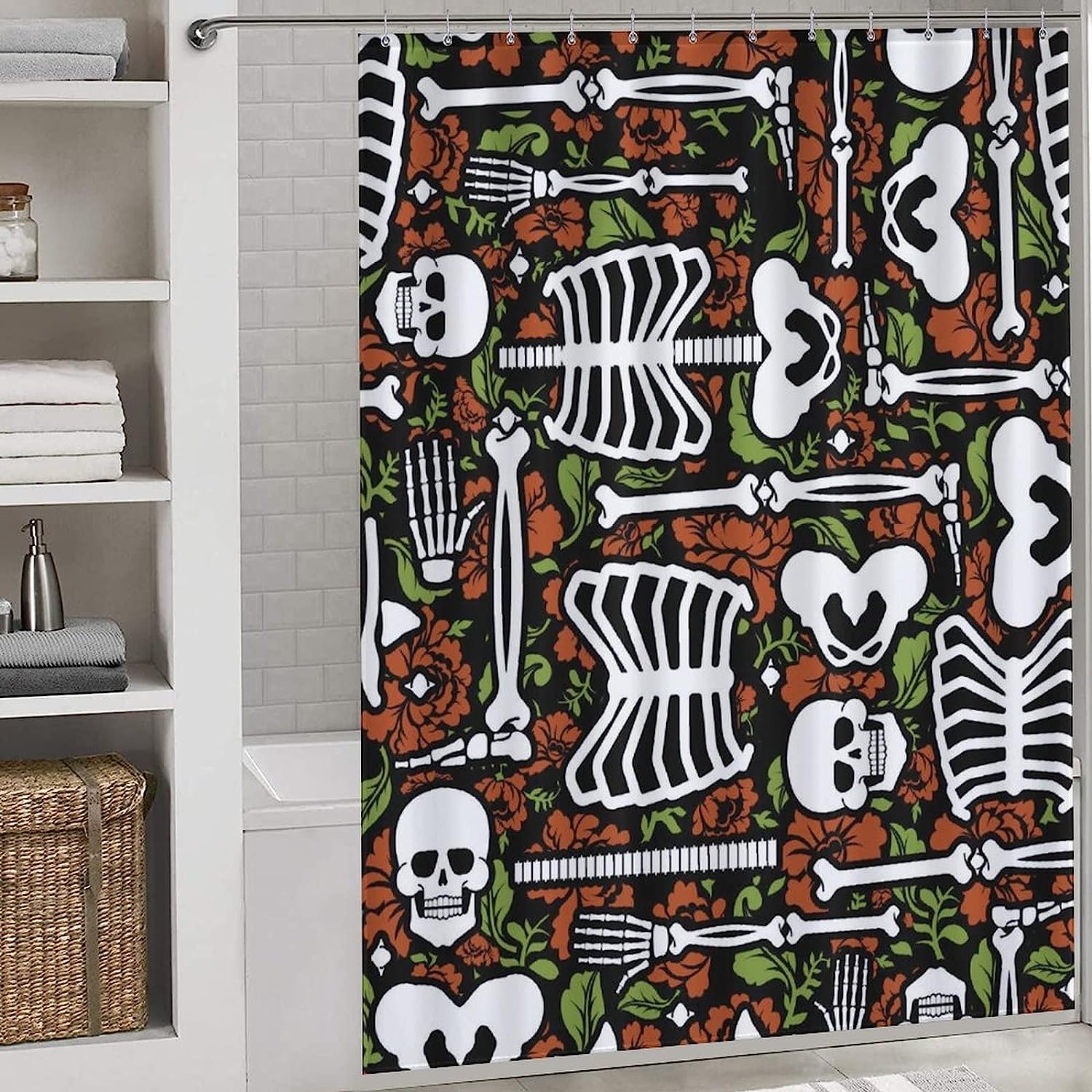 Skeleton Skull and Roses Fabric Shower Curtain, Durable and Washable Bathroom Decor