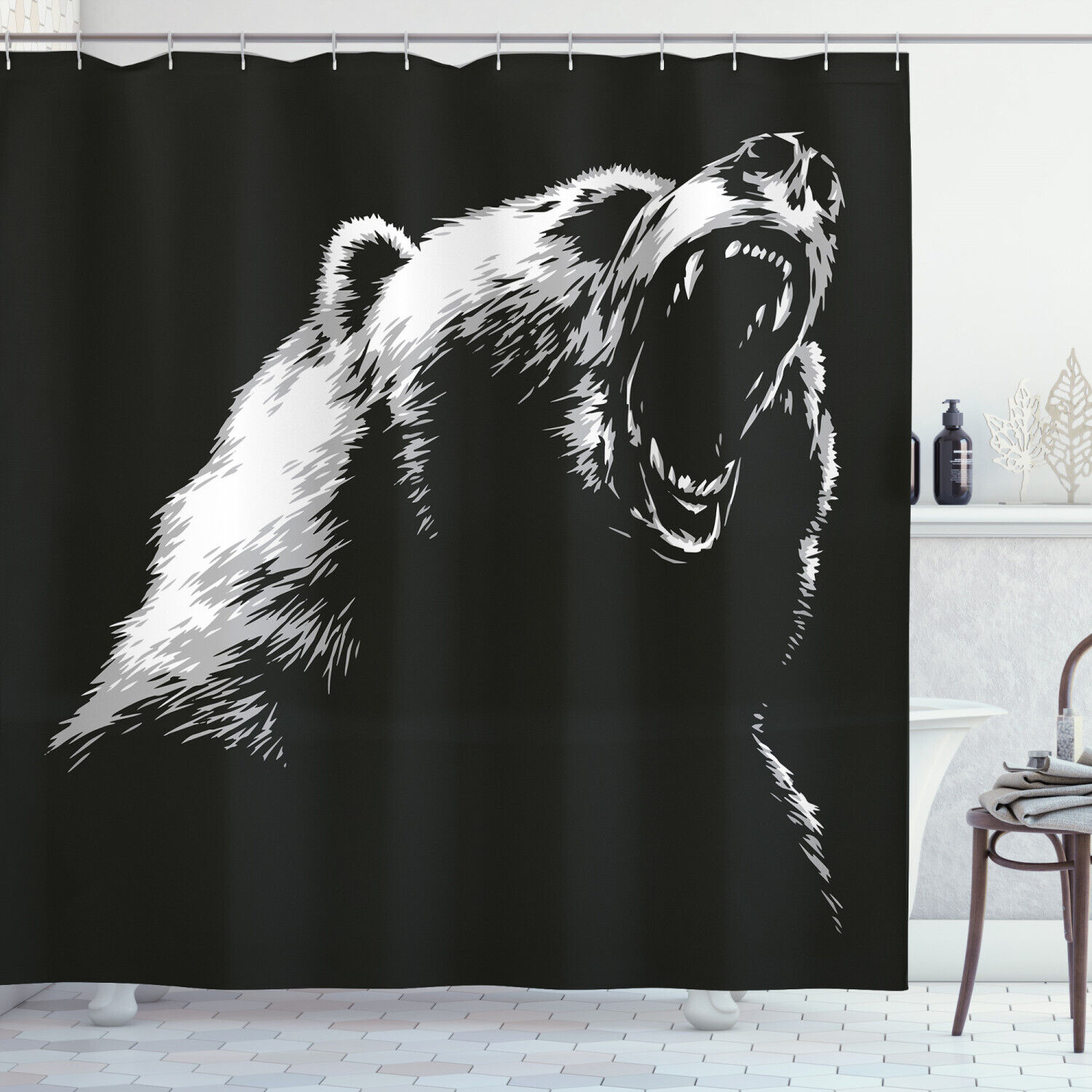 Sketch Art Carnivore Roar Shower Curtain With Bear Print, Perfect For Rustic Bathroom Decor