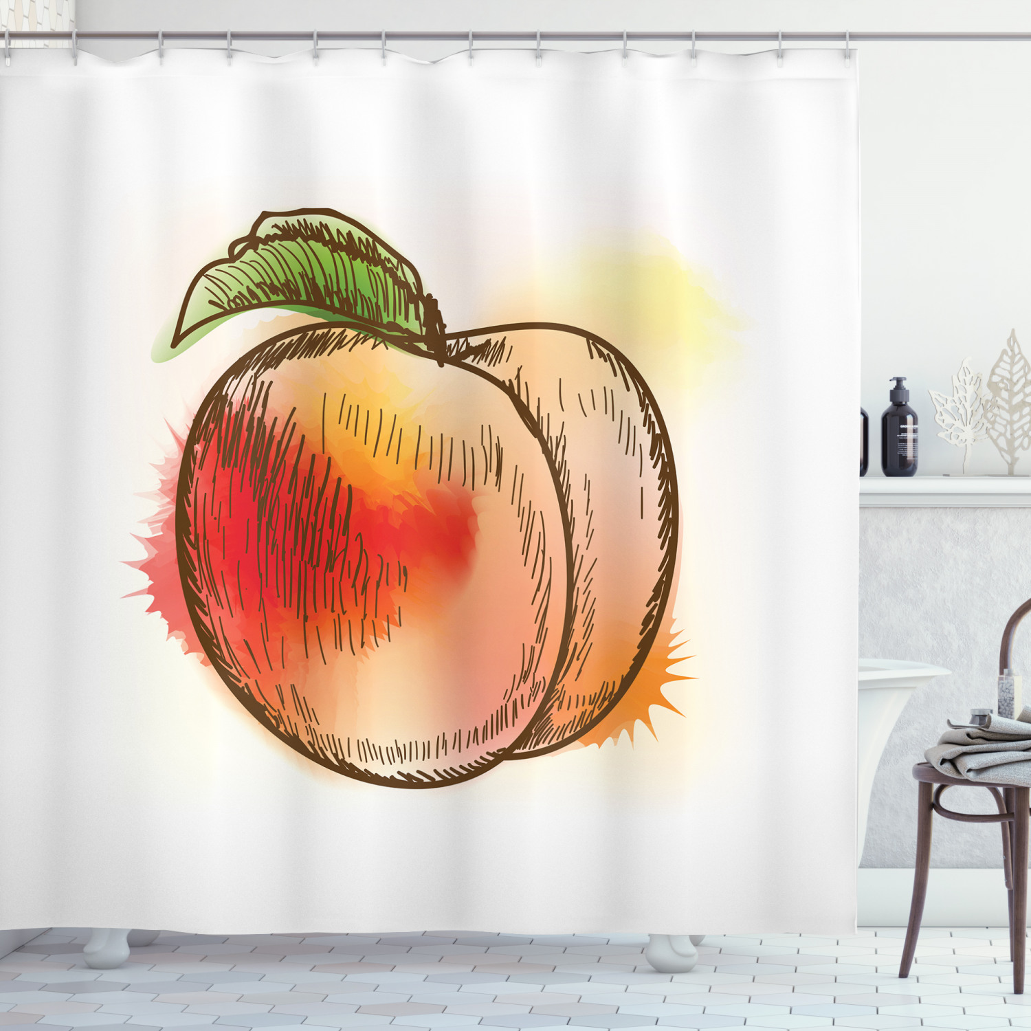 Sketch Art Print Peach Fruit Shower Curtain for Fresh Bathroom
