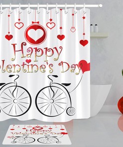 Sketch Bicycle Hanging Hearts Red Shower Curtain for Valentine's Day Decor