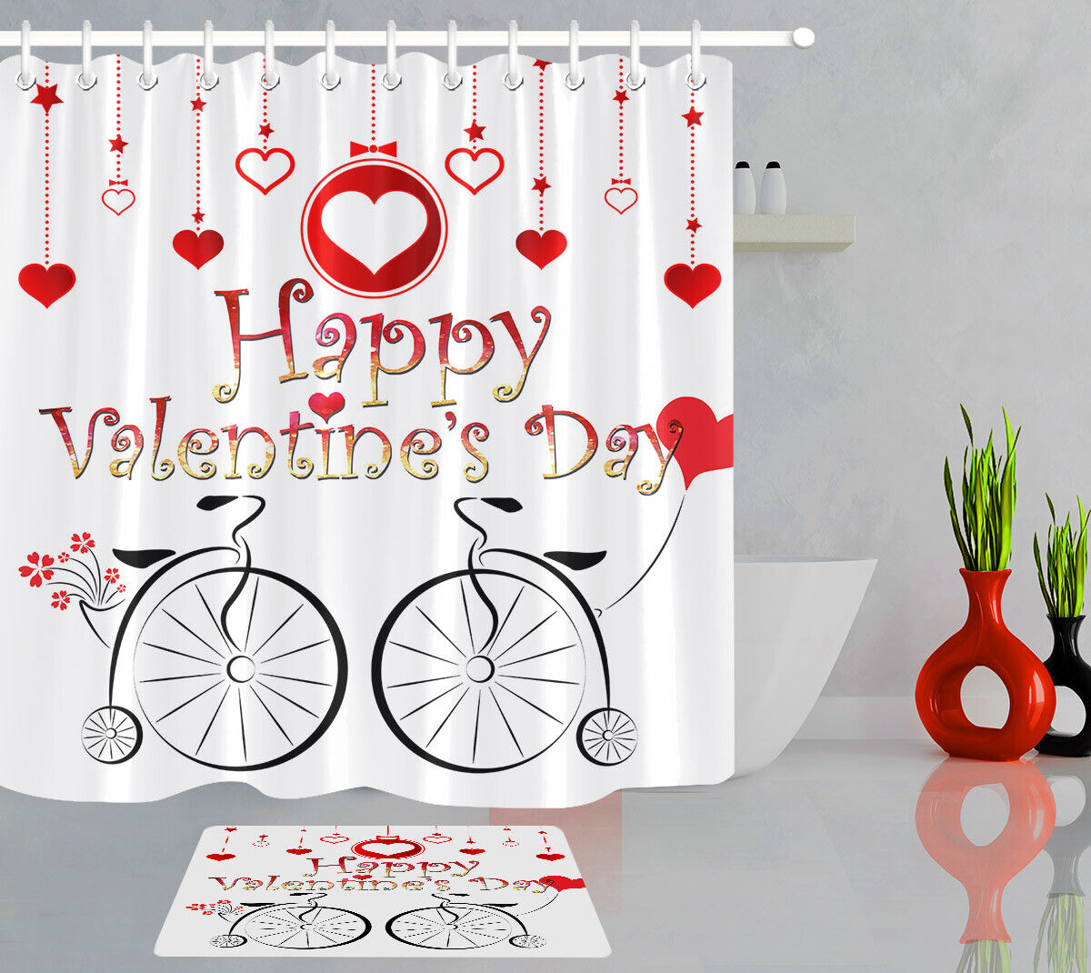 Sketch Bicycle Hanging Hearts Red Shower Curtain for Valentine's Day Decor