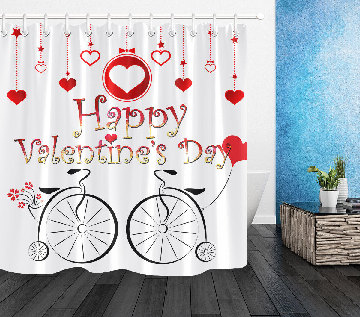 Sketch Bicycle Hanging Hearts Red Shower Curtain for Valentine's Day Decor