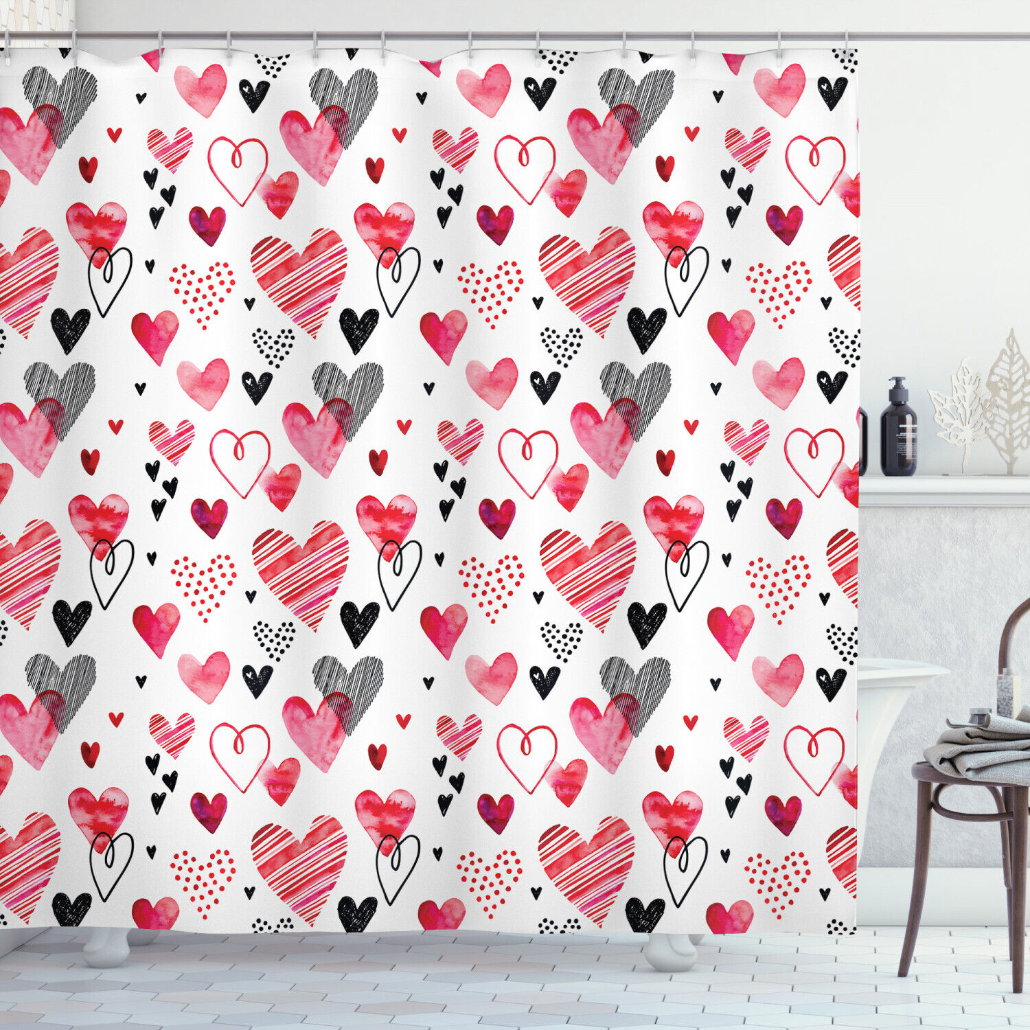 Sketch Heart Designs Print Valentine's Day Shower Curtain for Bathroom Decor