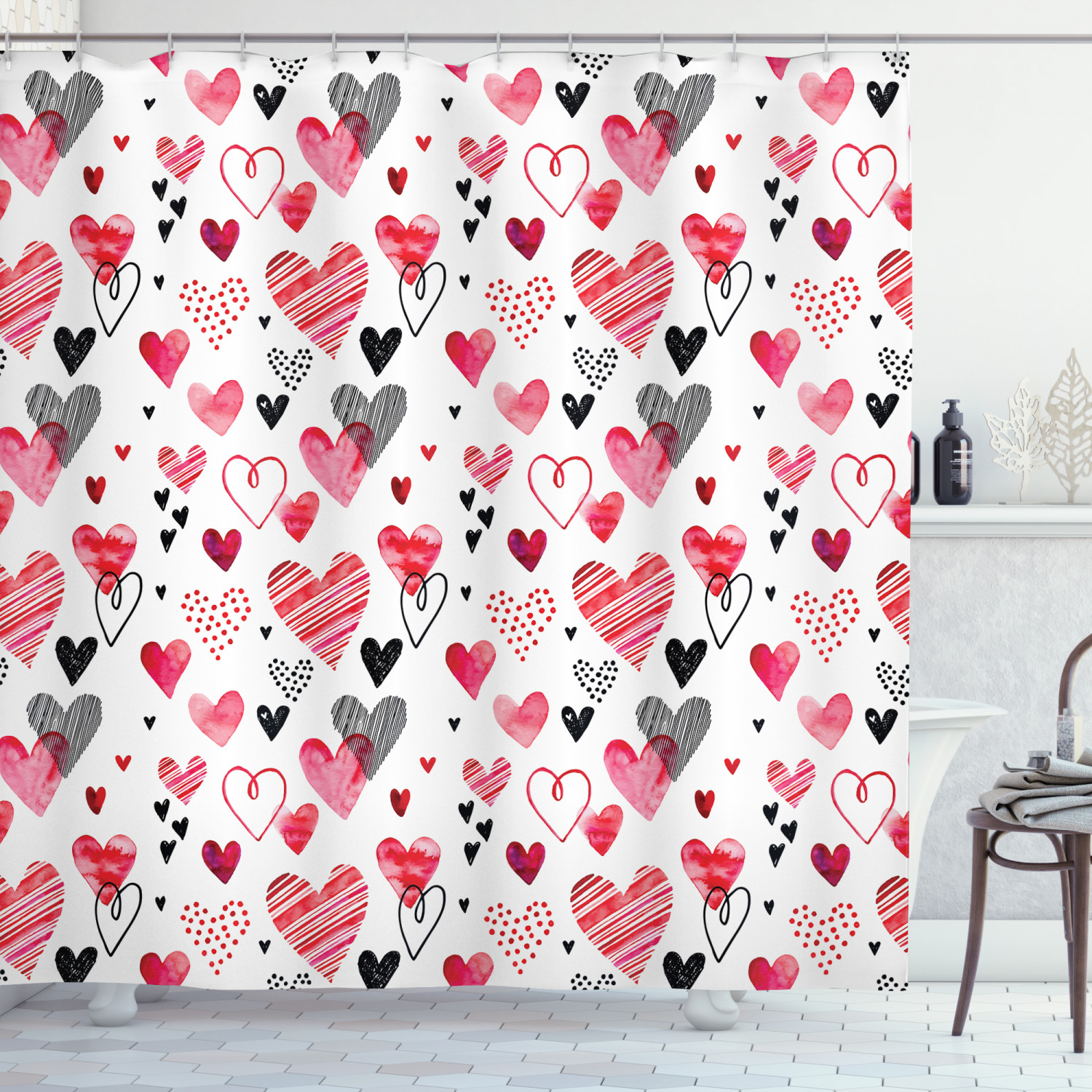 Sketch Heart Designs Print Valentine's Day Shower Curtain for Bathroom Decor