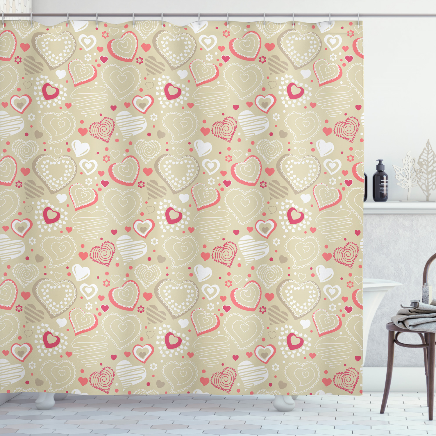 Sketch Heart Motifs Print Valentine's Day Shower Curtain for Bathroom Decor