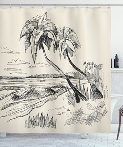 Sketch Print Palm Tree Shower Curtain for Tropical Bathroom Decor