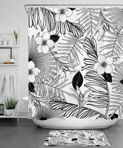 Sketch Tropical Palm Leaves Fabric Shower Curtain, Durable and Washable Natural Bathroom Decor