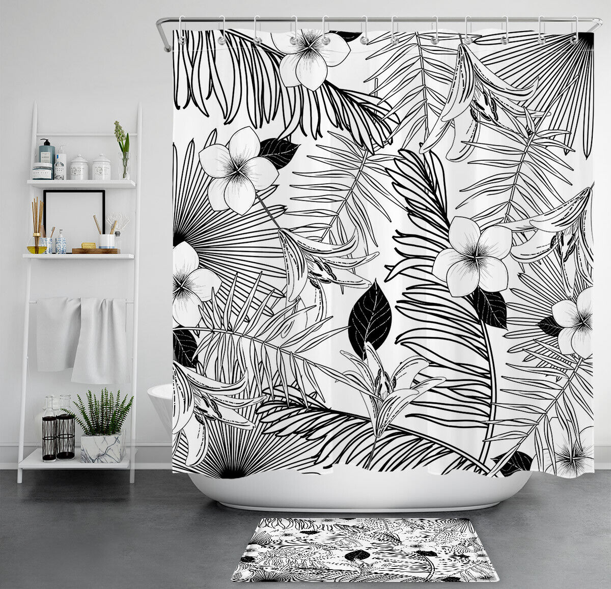 Sketch Tropical Palm Leaves Fabric Shower Curtain, Durable and Washable Natural Bathroom Decor