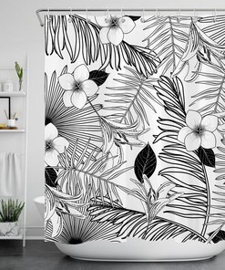 Sketch Tropical Palm Leaves Fabric Shower Curtain, Durable and Washable Natural Bathroom Decor