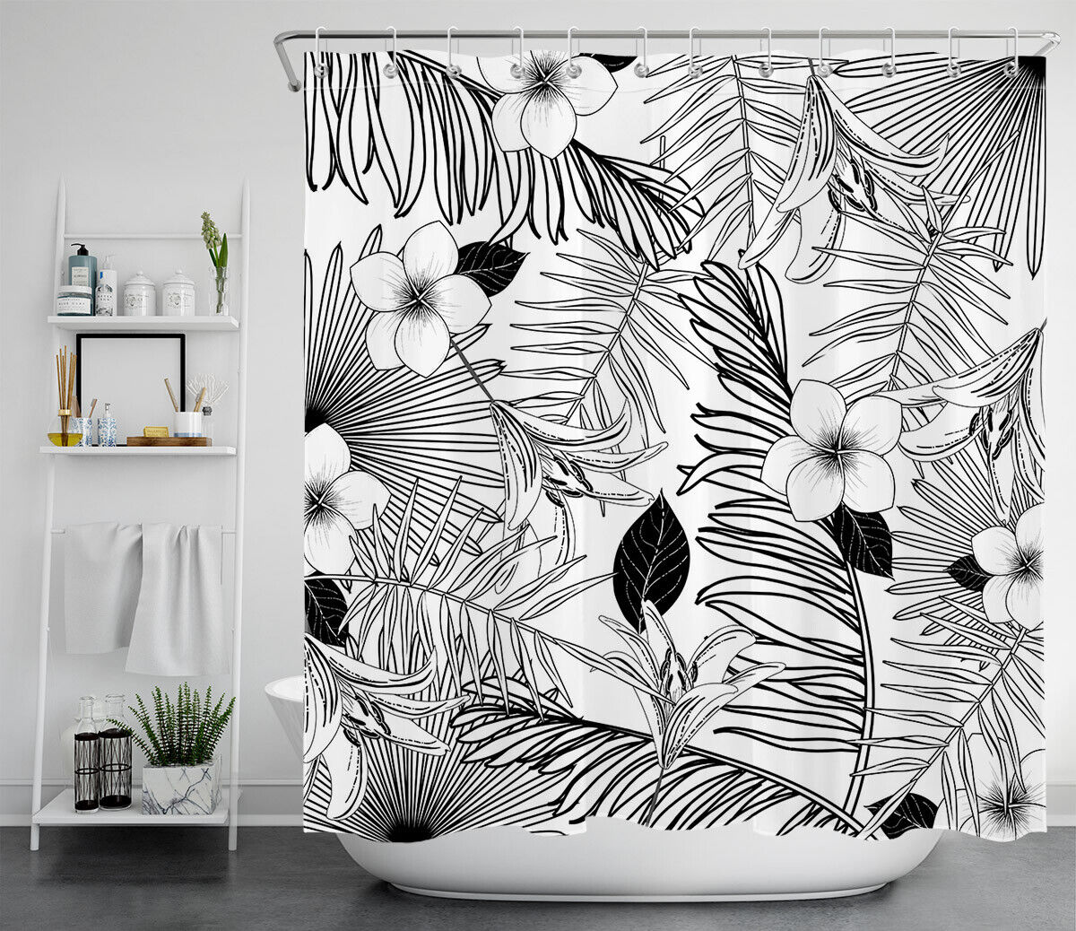 Sketch Tropical Palm Leaves Fabric Shower Curtain, Durable and Washable Natural Bathroom Decor