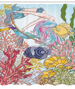 Sketchy Sea Coral Reefs Mermaid Print Shower Curtain for Bathroom Decor