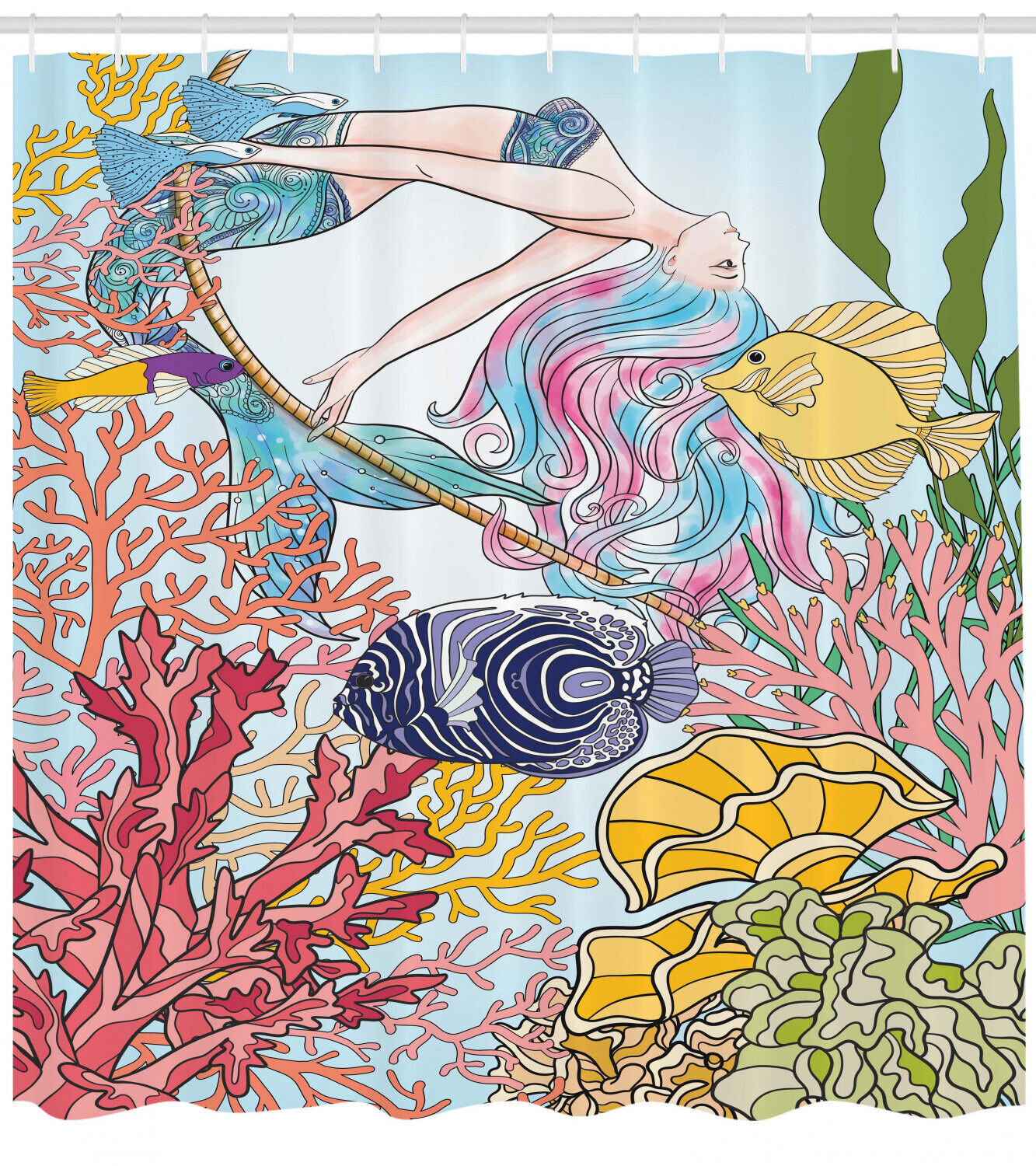 Sketchy Sea Coral Reefs Mermaid Print Shower Curtain for Bathroom Decor