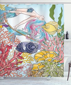Sketchy Sea Coral Reefs Mermaid Print Shower Curtain for Bathroom Decor