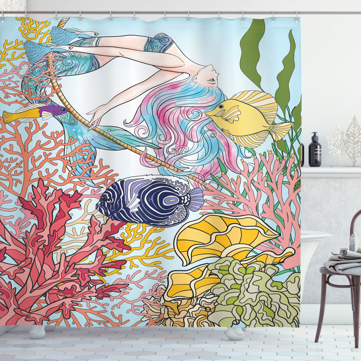 Sketchy Sea Coral Reefs Mermaid Print Shower Curtain for Bathroom Decor