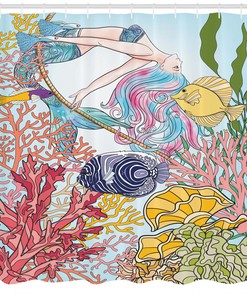 Sketchy Sea Coral Reefs Mermaid Print Shower Curtain for Bathroom Decor