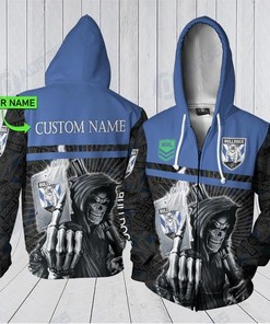 Skull 3D Hoodie Custom Name 3D All Over Print Zip Up Hoodie - Canterbury Bankstown Bulldogs Nrl