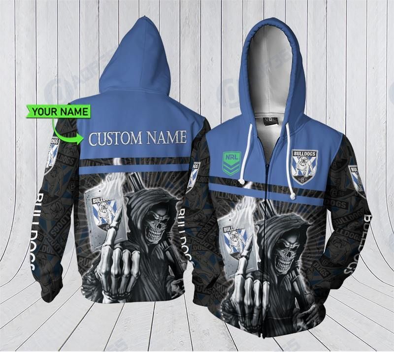 Skull 3D Hoodie Custom Name 3D All Over Print Zip Up Hoodie - Canterbury Bankstown Bulldogs Nrl