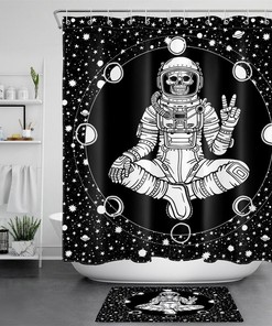 Skull Astronaut in Space Shower Curtain, Machine Washable Bathroom Decor