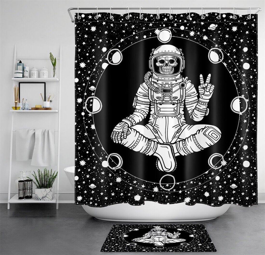 Skull Astronaut in Space Shower Curtain, Machine Washable Bathroom Decor
