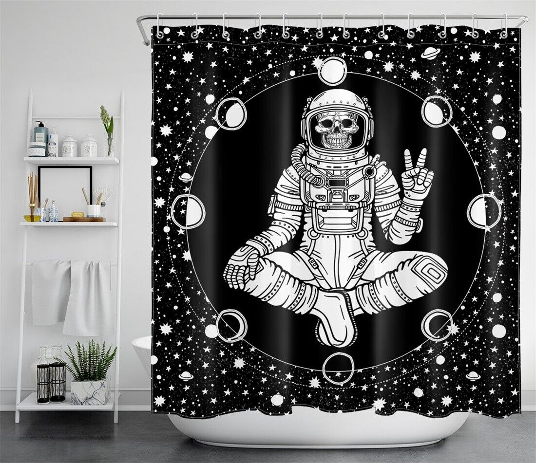 Skull Astronaut in Space Shower Curtain, Machine Washable Bathroom Decor