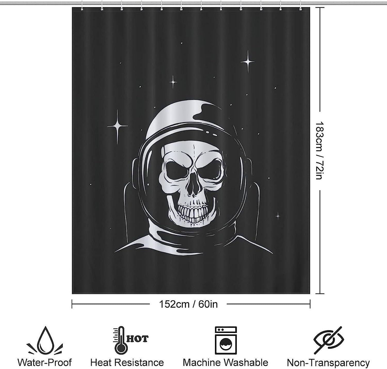 Skull Bathroom Decor, Black and Grey Skull Design Shower Curtain for Gothic Bathroom