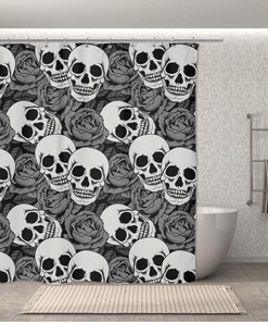Skull Batwing Skeleton Coffin Waterproof Shower Curtain, Night Blue-Pink Gothic Bathroom Decor