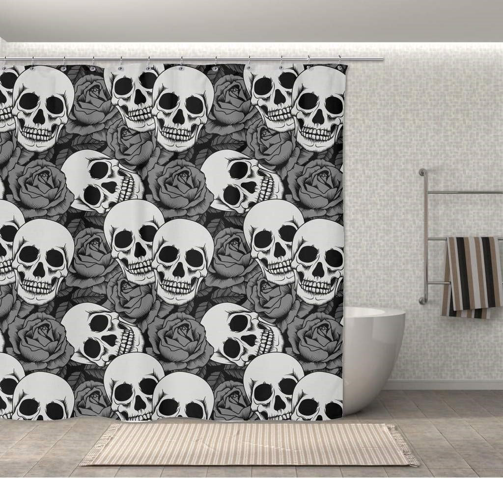 Skull Batwing Skeleton Coffin Waterproof Shower Curtain, Night Blue-Pink Gothic Bathroom Decor