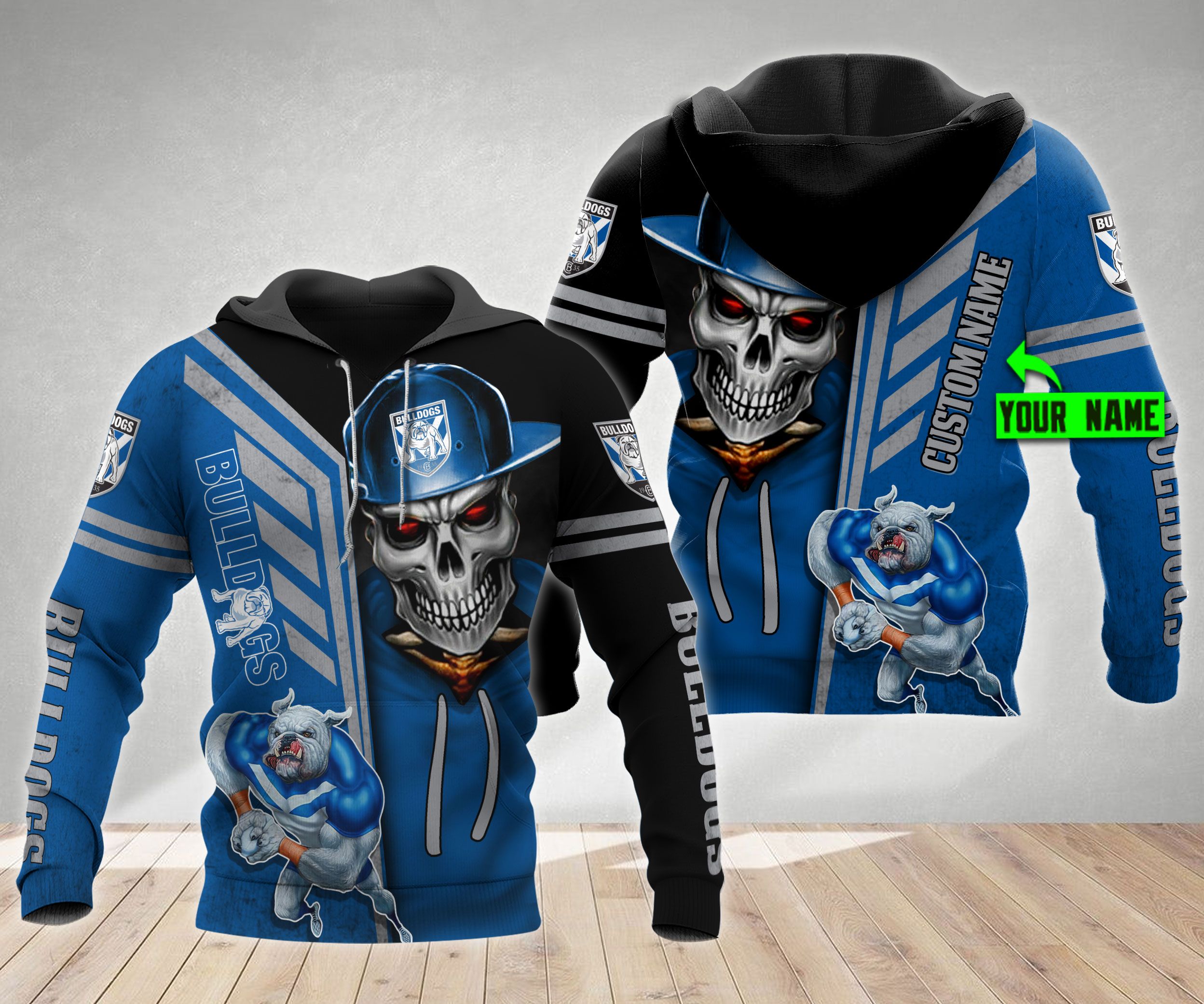 Skull Cap Custom Name 3D All Over Print Zip Up Hoodie - Canterbury Bankstown Bulldogs Nrl
