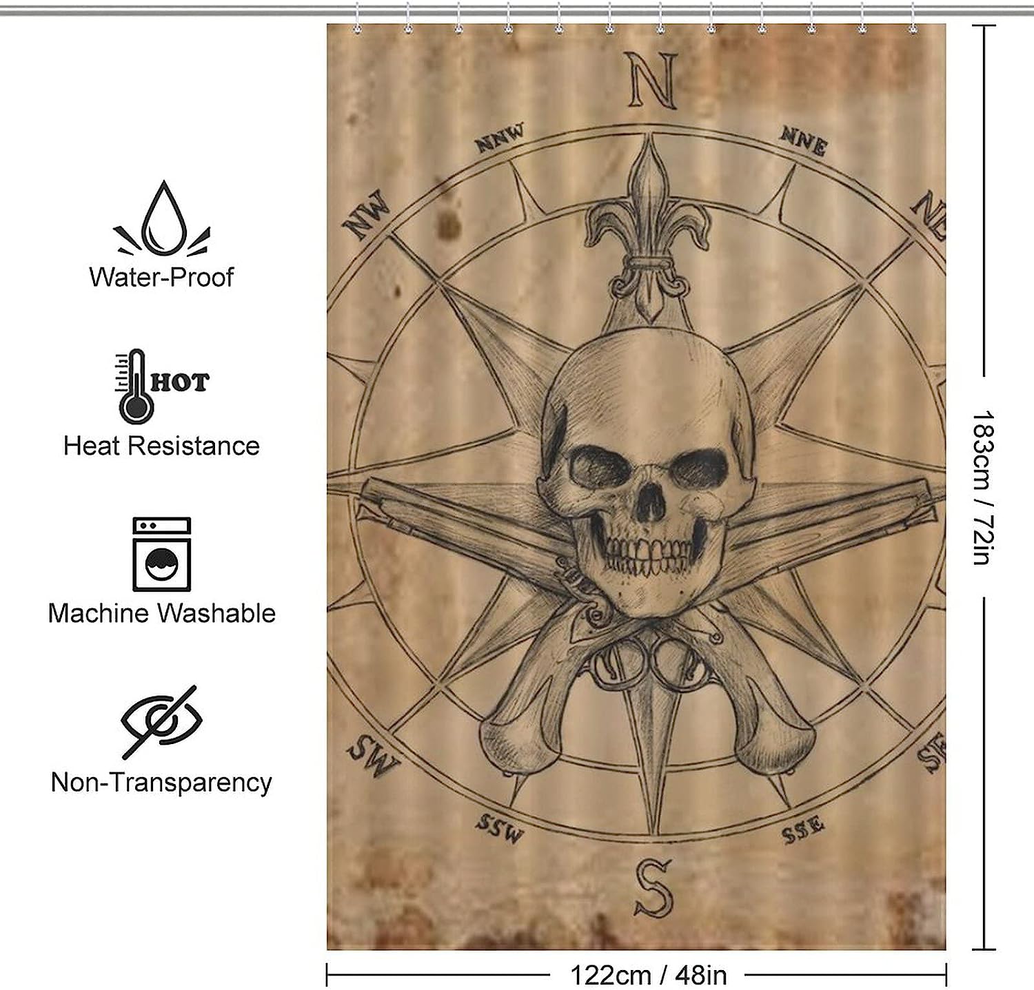 Skull Compass Pirate Bathroom Shower Curtain for Soft and Lightweight Bath Curtain