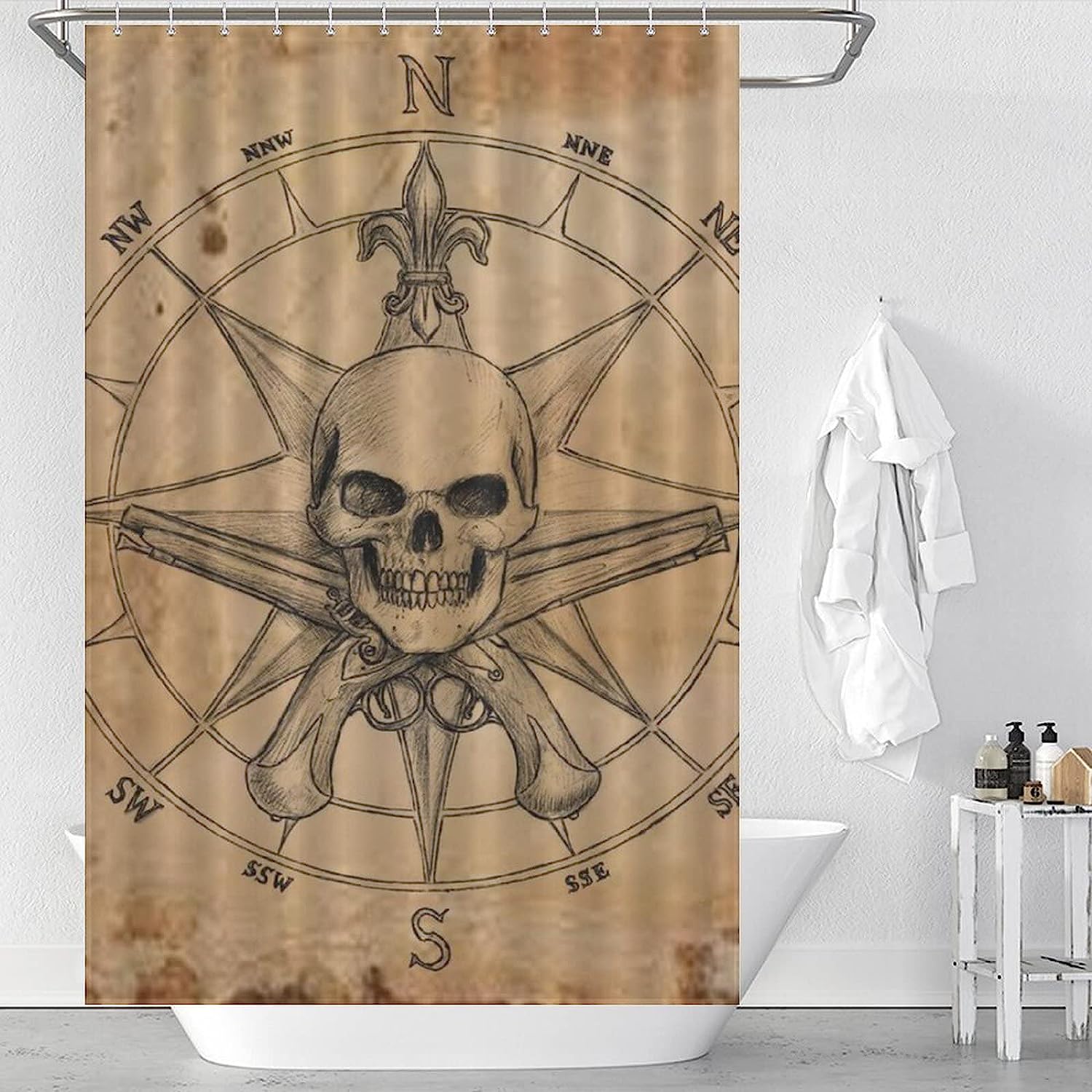 Skull Compass Pirate Bathroom Shower Curtain for Soft and Lightweight Bath Curtain